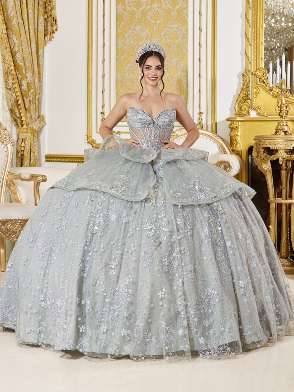 New Silver Strapless Festive Quinceanera Gown w/ Sequins Embroidery DQ 5133
